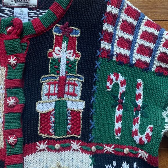 Vintage Christmas Tiara Cardigan Chunky Ugly Sweater XL Snowman Tree Cabincore - Picture 6 of 10